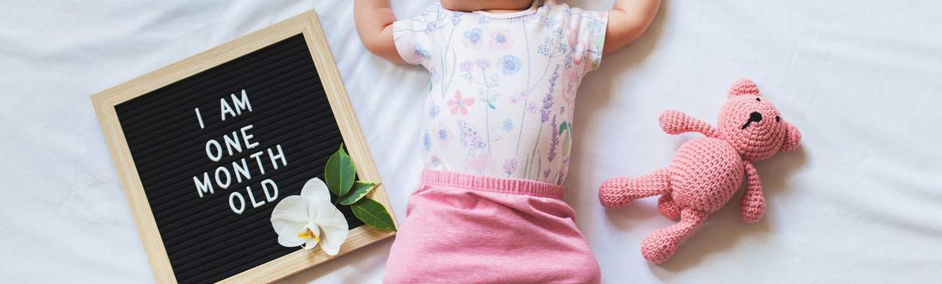 Bebê branca deitada em foto de mesversário. Ela veste rosa e branco, com plaquinha de 5 meses e ursinho ao lado